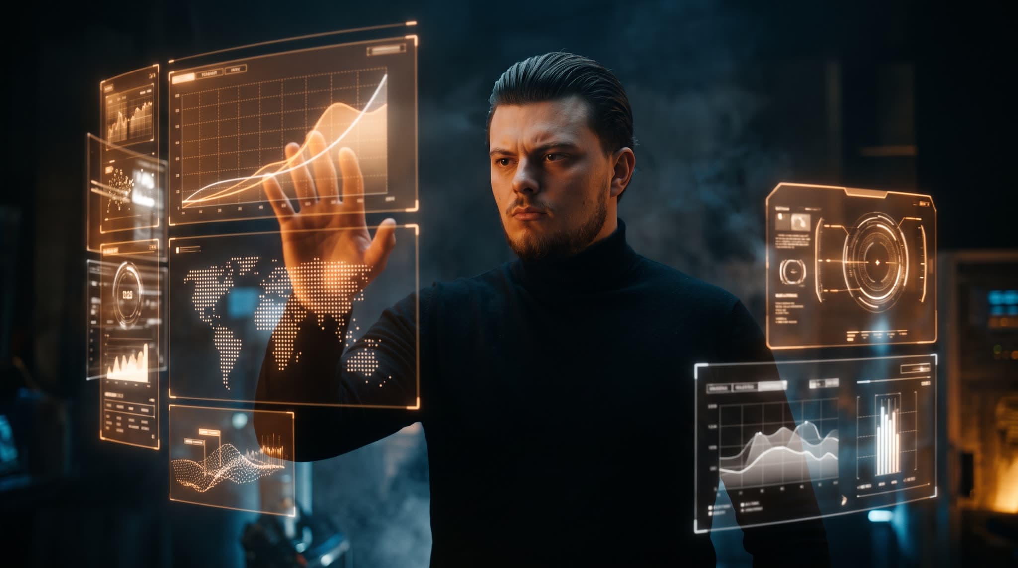 AI-кадр с цифровым двойником основателя: голографические панели аналитики