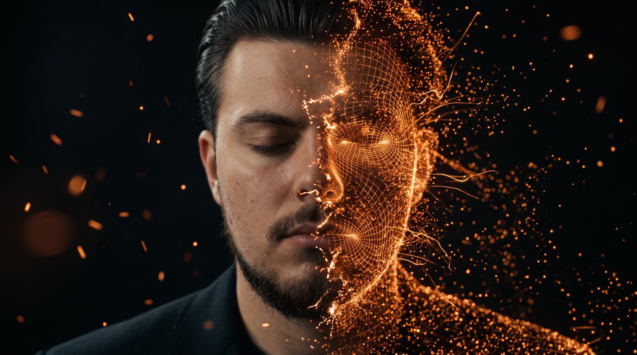 AI-кадр с цифровым двойником основателя: лицо собирается из светящихся частиц